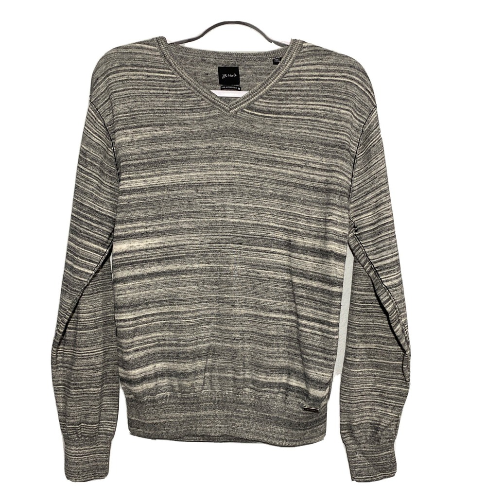 JB Holt Mens Large Sweater The Jefferson Black Gray Space Dye Stripe V Neck